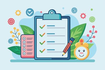 Poster - a colorful checklist is being completed with a pencil, surrounded by whimsical plants and cheerful i