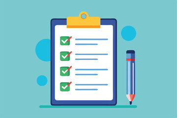 Poster - A vibrant checklist shows completed tasks with a pen beside it, set against a calming blue backdrop, ideal for project management or organization