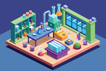 Poster - A vibrant isometric lab setup showcases various glassware, scientific instruments, and decorative plants, creating an engaging workspace for experimenting