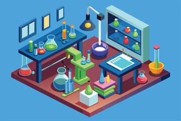 Poster - A vibrant chemistry lab filled with various glassware, colorful liquids, and scientific equipment positioned on tables and shelves for experimentation