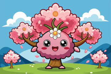 Wall Mural - A cheerful character emerges from a cherry blossom tree in a vibrant landscape, surrounded by blooming branches and gentle hills under a bright blue sky