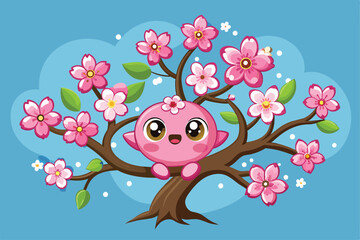 Poster - A cheerful character sits joyfully on a tree branch surrounded by vibrant pink cherry blossoms under a clear blue sky, radiating a sense of springtime happiness