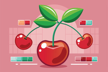 Poster - A bright, stylized cherry illustration featuring vibrant red fruits with lush green leaves on a soft pink backdrop, showcasing customizable color options