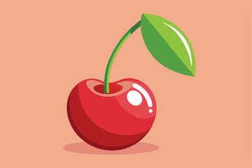 Sticker - A vivid red cherry rests with a glossy shine, featuring a fresh green leaf atop, all set against a warm peach background