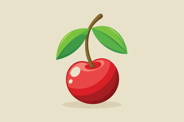 Poster - A bright red cherry rests with two glossy green leaves, showcasing its juicy texture and inviting appearance, perfect for creative design projects