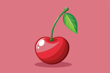 Sticker - A bright red cherry with a shiny surface and a green leaf sits on a pink background, ideal for customizable designs and illustrations