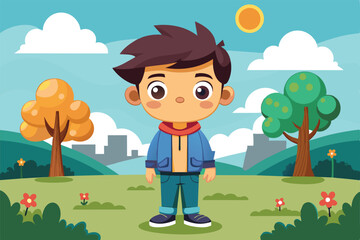 Sticker - A cheerful boy stands in a vibrant park filled with colorful flowers and trees, enjoying a sunny day in a peaceful outdoor setting