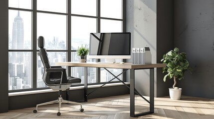 A modern office with a desk, a black leather chair, a potted plant, a computer monitor, and city views through a large window.