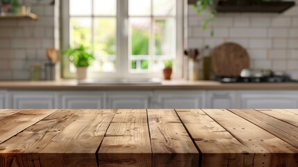 Wall Mural - Blurred kitchen backdrop with empty wooden table for product display