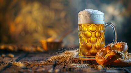 Beer with wheat and pretzels on a wooden table. Oktoberfest.  A photo with a place to copy the text.