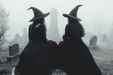 Vintage-style black and white photo of two witches in a traditional black dress ant hat, sitting on a tombstone in a graveyard.