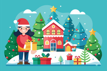 Sticker - A cheerful individual in a Santa hat holds a present surrounded by colorful trees and decorations, contributing to a joyful holiday spirit