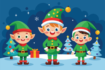 Sticker - Three cheerful Christmas elves dressed in festive attire stand together outdoors, surrounded by Christmas trees and a gift, celebrating the holiday season