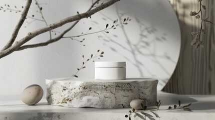 Sticker - Natural Skin Care and Cosmetic Design Concept Mockup with Stone Pedestal and Tree Branch