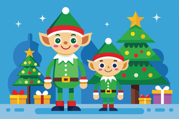 Poster - Two cheerful elves stand together, surrounded by decorated Christmas trees and colorful gifts, preparing for a joyful holiday celebration