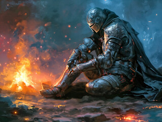 A knight is sitting by a fire, looking sad. The fire is orange and the knight is wearing a black and silver suit