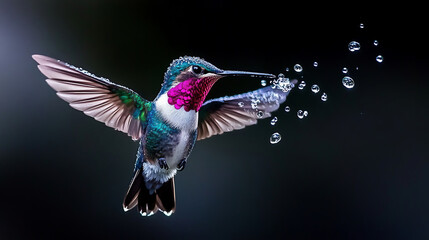 A Colourful Hummingbird Hovers Mid-air, Wings Surrounded By Bubbles, Against A Dark Background
