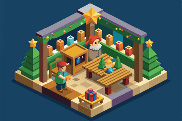 Poster - Characters decorate a Christmas manger with trees and gifts, creating a vibrant atmosphere filled with holiday spirit and festive cheer