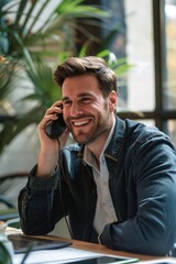 Aufkleber - A person sitting at a table speaking on a mobile device, useful for business or lifestyle images