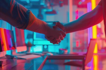 Poster - Two individuals shake hands while standing in front of a computer, symbolizing a professional meeting or partnership