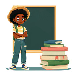 Young boy in casual attire stands by stacked books and a chalkboard