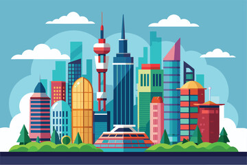 Poster - A vibrant city skyline showcases a variety of modern buildings and structures under a bright blue sky with fluffy clouds surrounding the scene