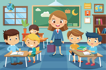Poster - A cheerful teacher leads a lively classroom with students engaged in various learning activities at their desks, filled with books and school supplies