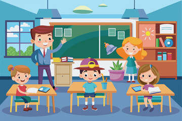 Poster - A vibrant classroom features a teacher and four students engaged in activities at their desks, surrounded by educational materials and colorful decor