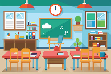 Poster - a vibrant classroom setting is portrayed with desks, shelves filled with books, and a chalkboard, cr