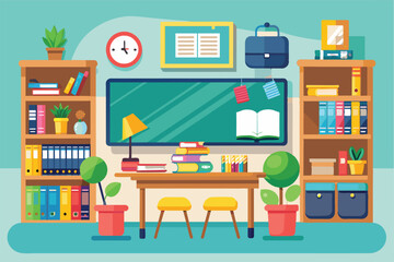 Poster - a vibrant classroom features shelves filled with books, a desk with colorful supplies, plants, and a