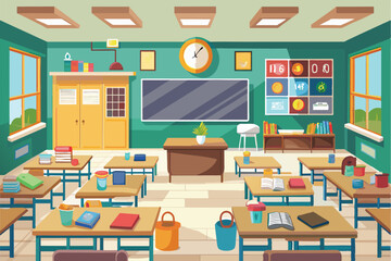 Poster - a colorful classroom filled with books, supplies, and furniture, set up for engaging learning activi