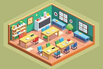 Poster - a vibrant classroom isometric illustration showcases student desks, shelves filled with books, and c