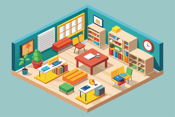 Poster - a vibrant classroom setup showcases colorful desks, bookshelves, and learning tools perfect for an e