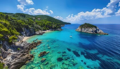 Clear blue seascape with rocky coastline and lush greenery on a sunny day in a tropical location