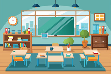 Poster - a vibrant classroom features organized desks, shelves of books, and a green plant, creating a welcom