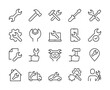 © Matsabe - Repair, Icon Set. Tools and Actions for Fixing and Adjusting. Screwdriver, Wrench, Hammer, Mechanism, Car, Tech, Assistance, Settings. Maintenance and Technical Support. Line with editable stroke