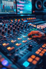 Poster - Close-up shot of a person's hand operating a control board, great for use in technology and industry scenes