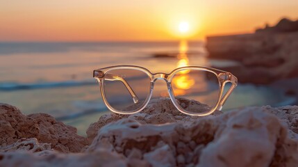 Wall Mural - Clear glasses rest on a rocky surface with a blurred sunset over the ocean in the background.