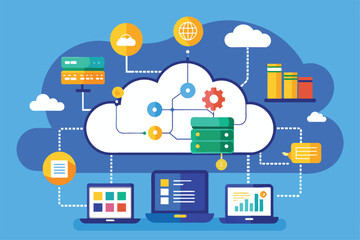  - this visual represents cloud data management and synchronization systems connecting various devices 