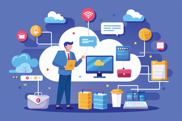 Poster - a professional demonstrates cloud information storage solutions, illustrating connectivity with devi