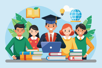 Poster - students celebrate graduation while using laptops and surrounded by books, showcasing a vibrant acad