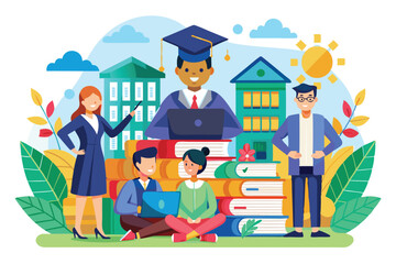 Poster - Students collaborate on academic projects in a vibrant campus environment, surrounded by books and studying together under a bright sun