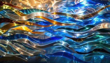 Wall Mural - Colorful wavy patterns of metal ribbons reflecting light in an artistic installation