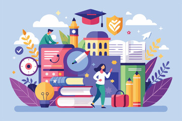 Poster - Students engage with study materials and icons symbolizing college entrance exam preparation in an inspiring academic setting