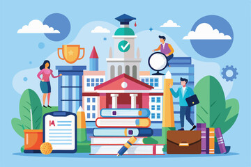 Poster - Students engage in study activities surrounded by books, academic materials, and a prominent college emblem, emphasizing preparation for entrance exams