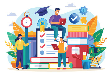 Poster - Students engage in college entrance exam preparation amidst colorful academic elements, showcasing time management, organization, and goal setting