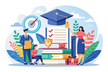 Poster - Students and educators collaborate to prepare for college entrance exams, surrounded by books, tools, and visual indicators of progress toward academic goals