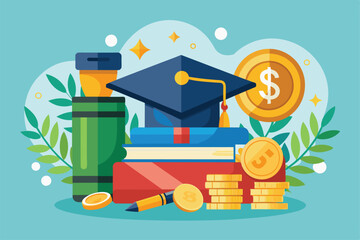 Poster - A graduation cap rests atop colorful books, surrounded by coins and a dollar sign, symbolizing the value of education and financial support for students