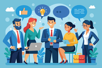 Poster - A diverse group of business professionals share ideas and collaborate using digital devices in a bright, modern office environment
