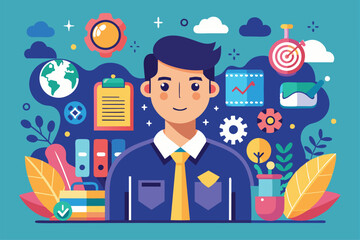 Poster - A young professional stands amidst various business icons and tools, illustrating a dynamic workplace environment filled with creativity and productivity